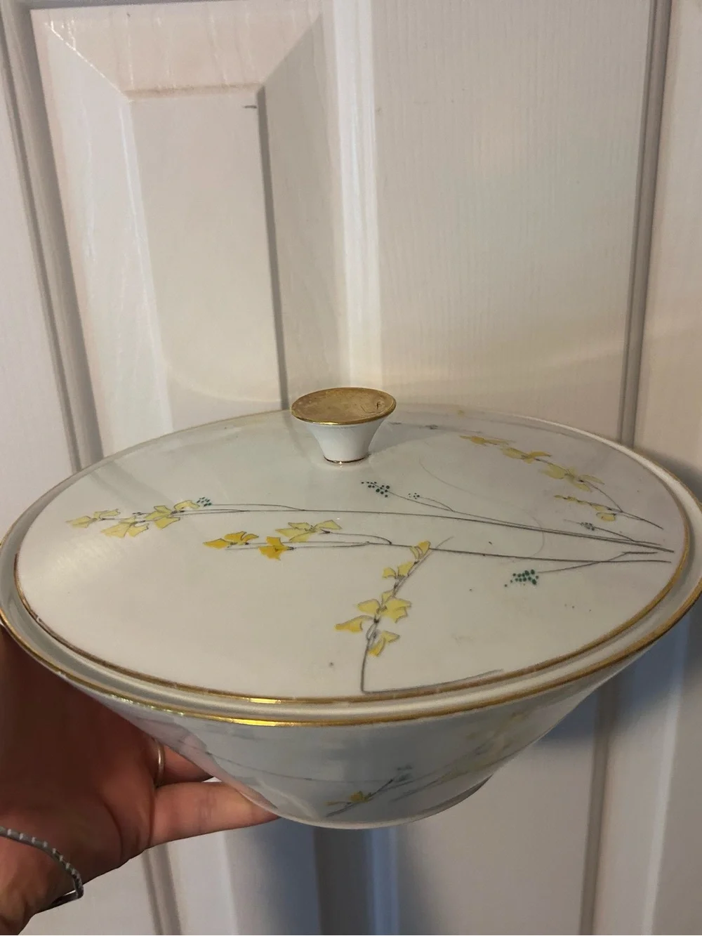 Porcelain Lidded Serving Bowl with Gold Trim and Yellow Floral Motif